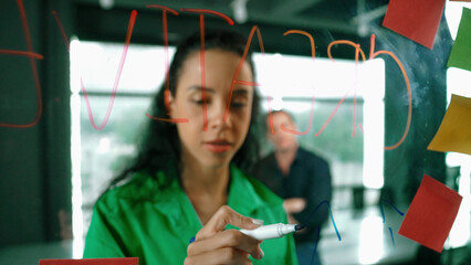 Smart businesswoman leader writing creative business idea while male caucasian investor listen...