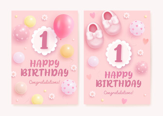 Number 1 birthday celebration greeting card or banner set with realistic cartoon baby shoes and helium balloons on pink background. Happy birthday invitation template for baby girl