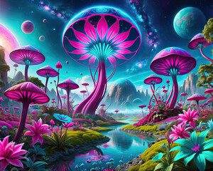 Psychedelic Alien Garden - Ultra-realistic 8K surreal cosmic landscape with diverse alien beings and oversized glowing flowers and plants Gen AI - 722740424