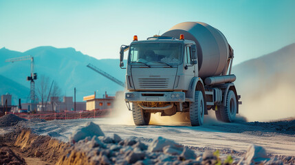 Robust concrete truck in action at a construction site - obrazy, fototapety, plakaty