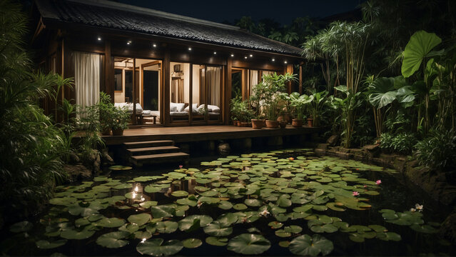 The side terrace of a simple wooden house has a natural fish pond in front of it and taro plants with large, green leaves grow, and another tropical garden also grows around the pond. at night with la