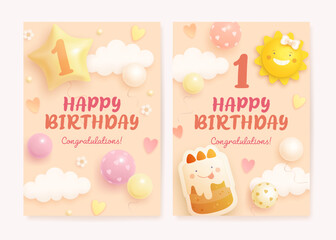 Number 1 birthday celebration greeting card or banner set with realistic cartoon baby shoes and helium balloons on beige background. Happy birthday invitation template for baby girl