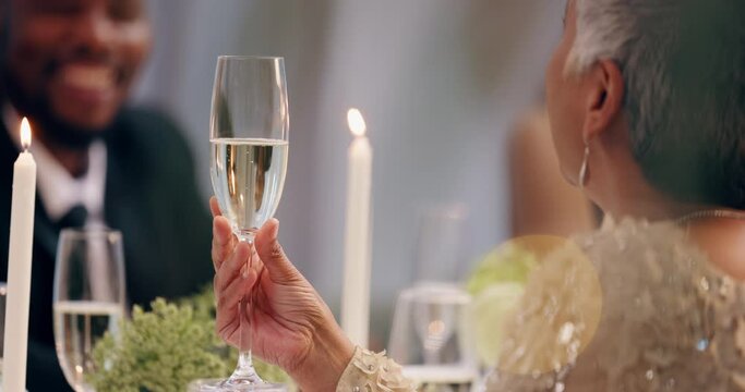 Champagne, dinner party or elegant woman with glass at social event, friends reunion or New Year. Beverage, gala or person with luxury alcohol, drink or sparkling white wine at fine dining restaurant