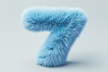 Cute blue number 7 or seven as fur shape, short hair, white background, 3D illusion, storybook style