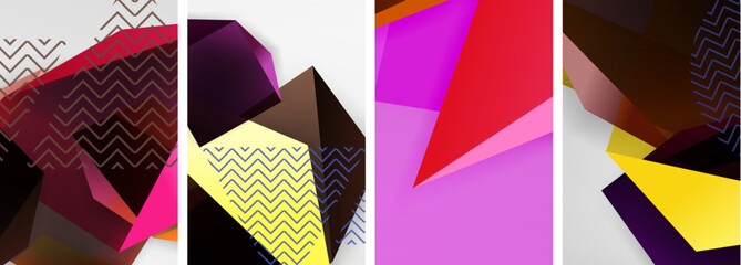 Trendy low poly 3d triangle shapes and other geometric elements background designs for wallpaper, business card, cover, poster, banner, brochure, header, website