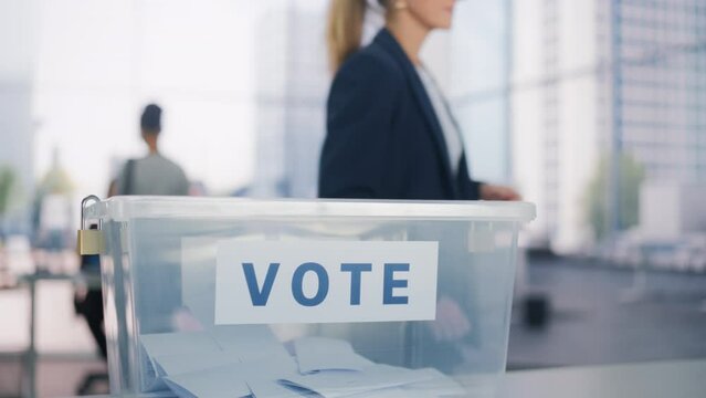 Concept of Ballot Stuffing: Electoral Fraud Threatening Democratic Process and Fair Political System. Diverse Voters Casting Their Vote at a Polling Place and Putting Ballots into a Sealed Box.