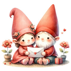 Watercolor Gnome couple express their love on Valentine's Day