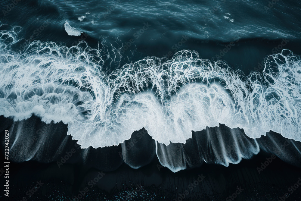 Poster aerial view of waves crashing on a black sand beach in iceland. background image. created with gener
