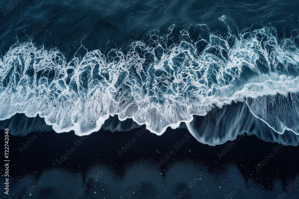 Poster aerial view of waves crashing on a black sand beach in iceland. background image. created with gener