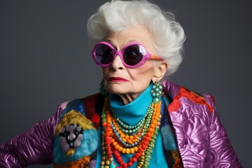 Portrait of a beautiful senior woman wearing stylish clothes and sunglasses.