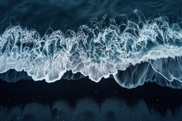 Aerial view of waves crashing on a black sand beach in Iceland. Background image. Created with Generative AI technology - obrazy, fototapety, plakaty
