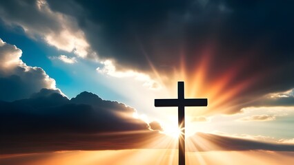 Fototapeta na wymiar A Cross with Sunset Sky Background, Crucifixion Of Jesus Christ