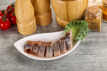 Sliced salted herring fillet snack