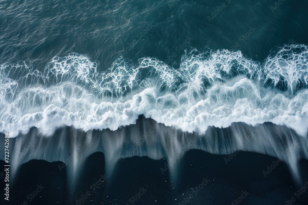 Poster aerial view of waves crashing on a black sand beach in iceland. background image. created with gener