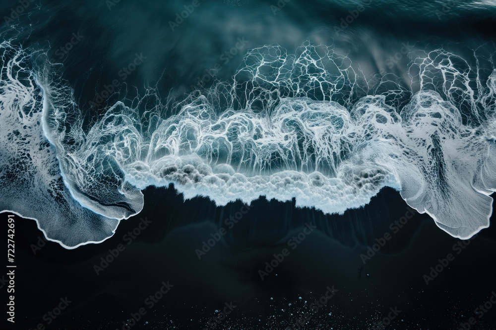 Poster aerial view of waves crashing on a black sand beach in iceland. background image. created with gener
