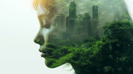 Sustainable development,ESG (Environment Social and Governance),RECs concept.double exposure woman Ecology renewable energy,reduce CO2 emissions carbon footprint climate change to limit global warming - obrazy, fototapety, plakaty