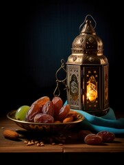 Fototapeta na wymiar Holy Ramadan concept. lantern, dates fruit - generative ai