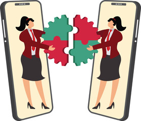 Two businesswomen finish the gear jigsaw Problem solving via the Internet smartphone