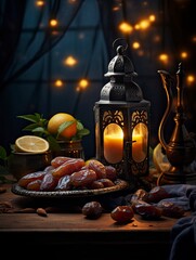 Holy Ramadan concept. lantern, dates fruit - generative ai