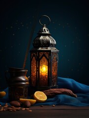 Fototapeta na wymiar Holy Ramadan concept. lantern, dates fruit - generative ai