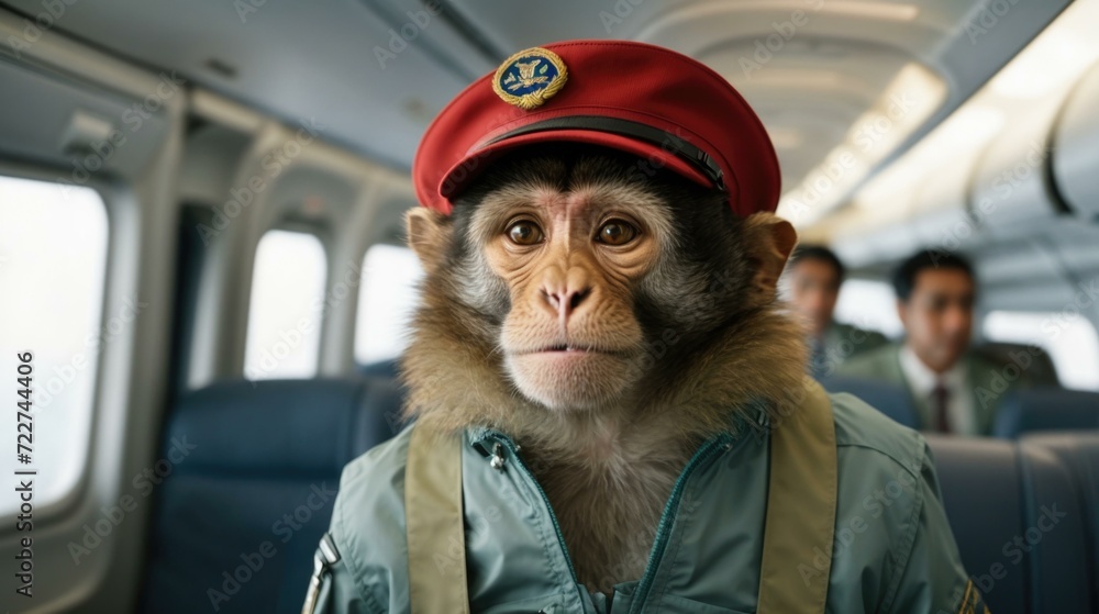Poster a monkey wearing a red hat and uniform on an airplane. generative ai.