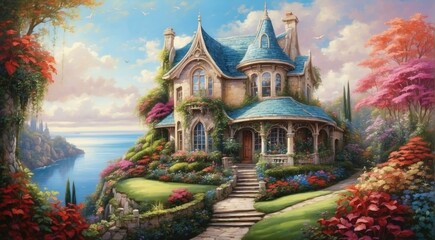 A painting of a house on a hill with flowers and trees. Generative AI.