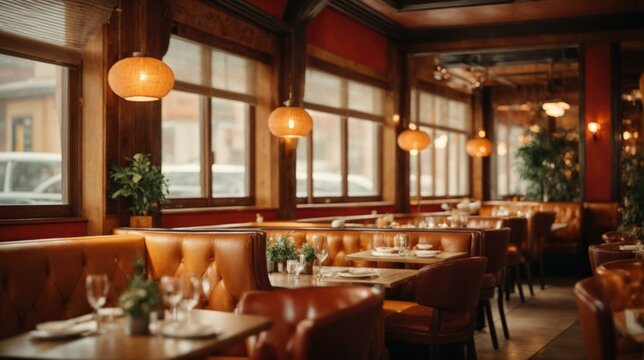A restaurant with red walls and leather booths. Generative AI.