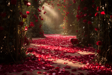 Magical red rose petal trail leading out through a surprise