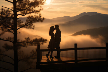 Romantic couple in love on mountain at sunset