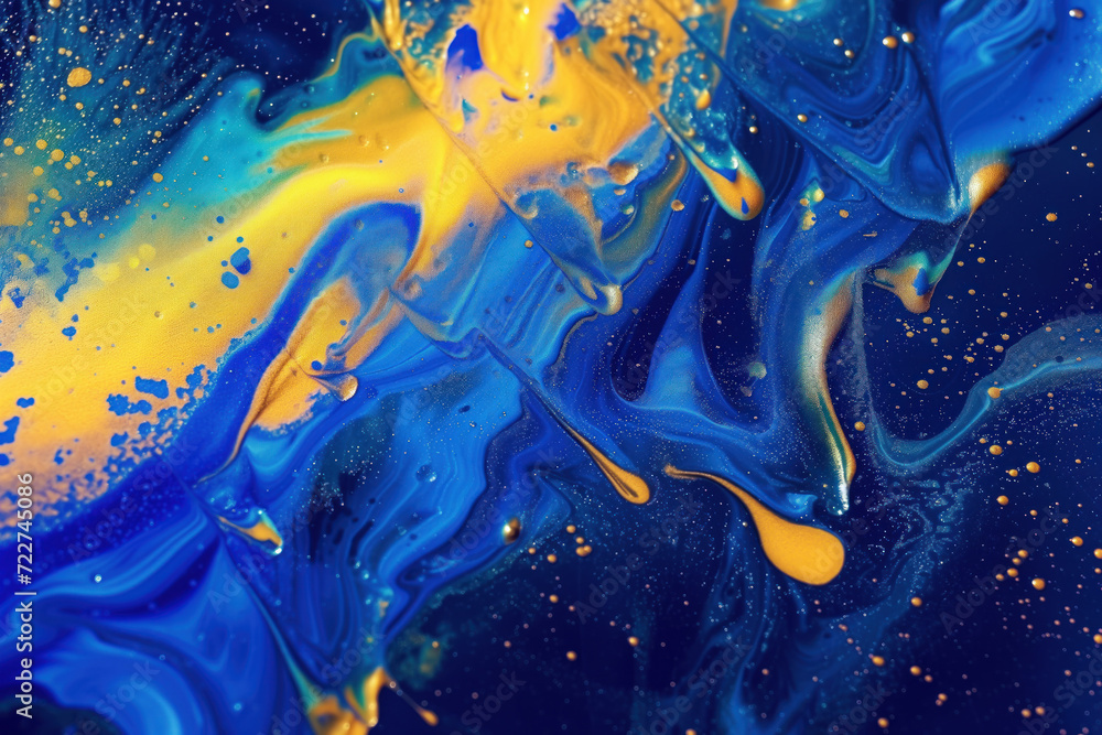 Poster abstract background with bright blue and yellow artistic macro paint particles spreading in slow mot