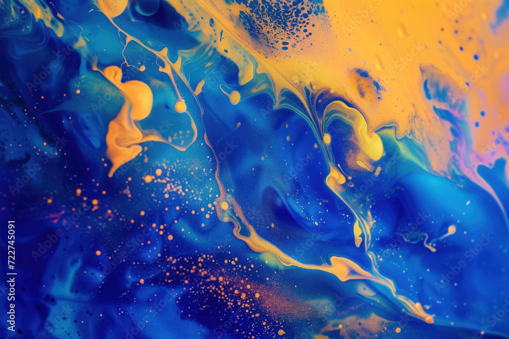 Poster abstract background with bright blue and yellow artistic macro paint particles spreading in slow mot