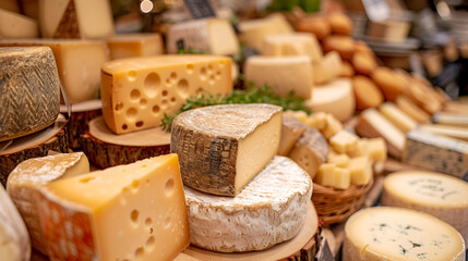 Cheese section at a fancy buffet or a supermarket dairy products section, generative ai