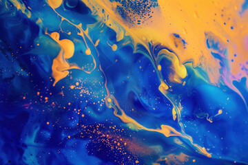 Abstract background with bright blue and yellow artistic macro paint particles spreading in slow motion. Vivivd colors. Background image. Created with Generative AI technology