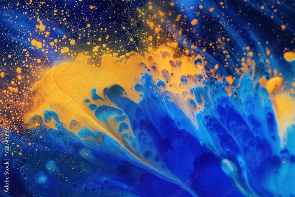 Poster abstract background with bright blue and yellow artistic macro paint particles spreading in slow mot