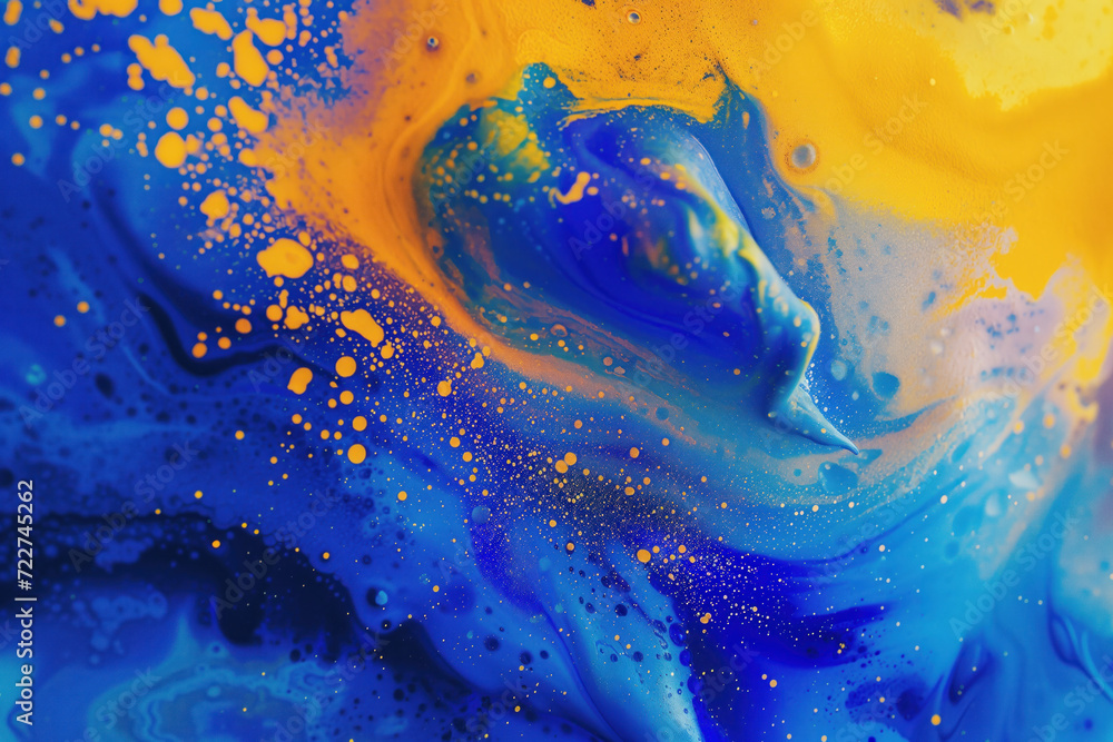 Poster abstract background with bright blue and yellow artistic macro paint particles spreading in slow mot