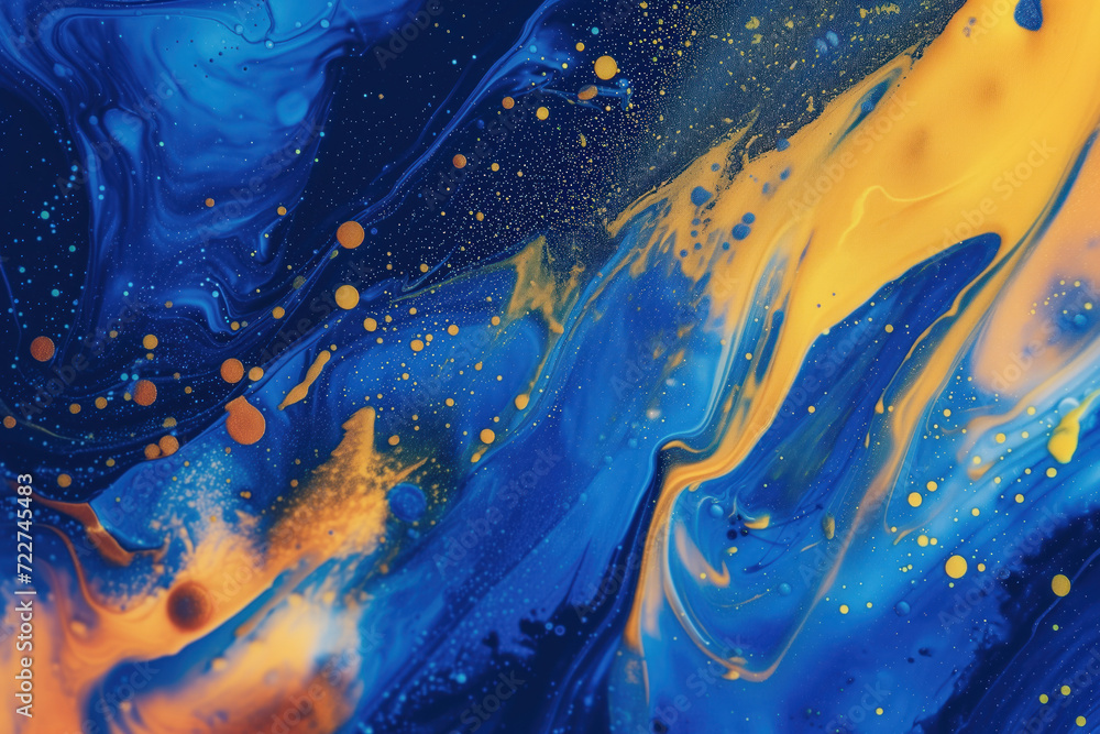 Poster abstract background with bright blue and yellow artistic macro paint particles spreading in slow mot