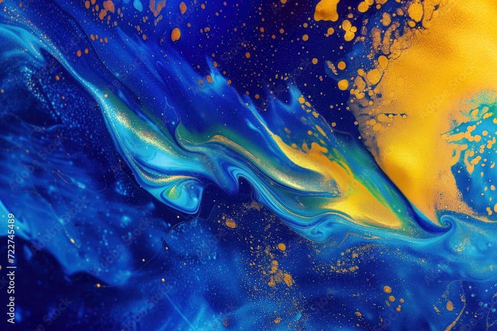 Poster abstract background with bright blue and yellow artistic macro paint particles spreading in slow mot
