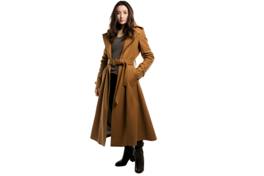Beautiful girl wearing stylish coat with a fur collar and a belt on a transparent background