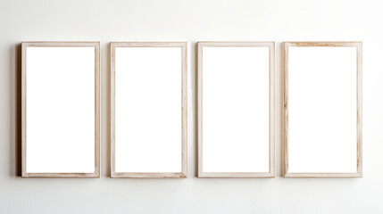 Empty picture frames on wall, four white transparent inside painting frames in a row, PNG