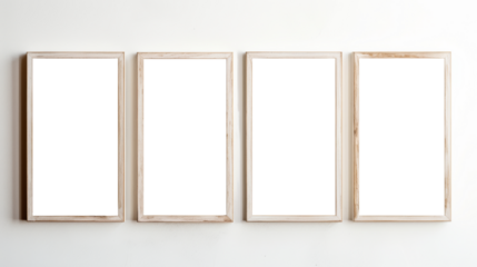 Empty picture frames on wall, four white transparent inside painting frames in a row, PNG
