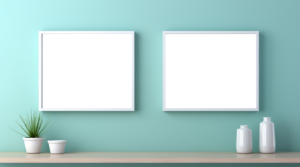 Empty picture frames on blue wall, two white transparent inside painting frames, PNG