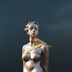 Figure. God. Muse. Grace. Inspiration. Famous lady. Sculpture. Elegant female. Monument. Idol. Worshipping. Body. Chest, neck, shoulders. Breast. Grey gradient. Satin ribbon. Symbolism