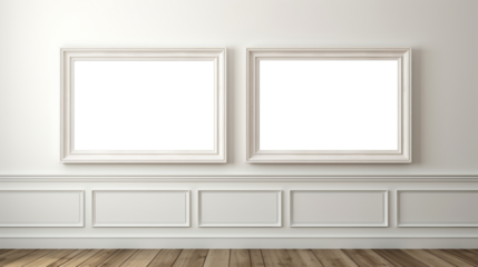 Empty picture frames on wall, two white transparent inside painting frames, PNG
