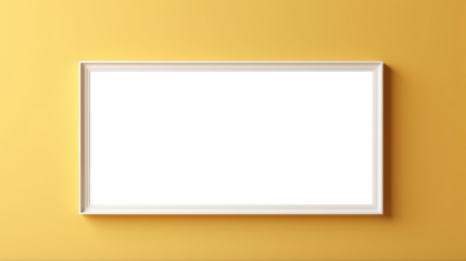 Empty picture frame on yellow wall, white transparent inside, PNG