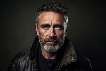 Portrait of a handsome bearded man in a leather jacket on a dark background.