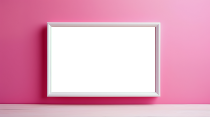 Empty picture frame on pink wall, white transparent inside, PNG