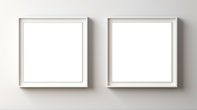 Empty picture frames on wall, two white transparent inside painting frames, PNG