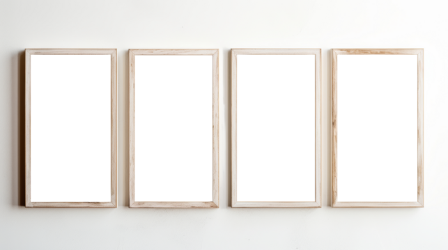 Empty picture frames on wall, four white transparent inside painting frames in a row, PNG