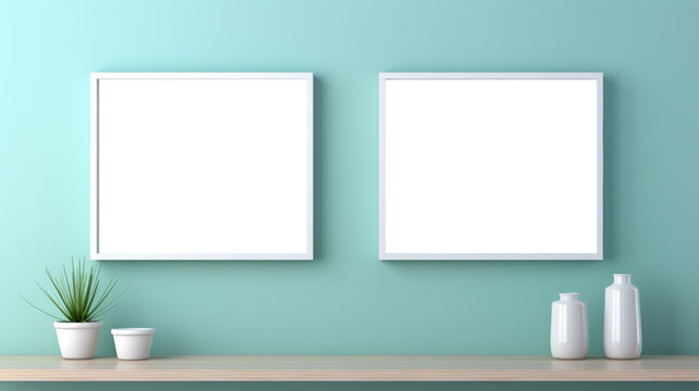 Empty picture frames on blue wall, two white transparent inside painting frames, PNG