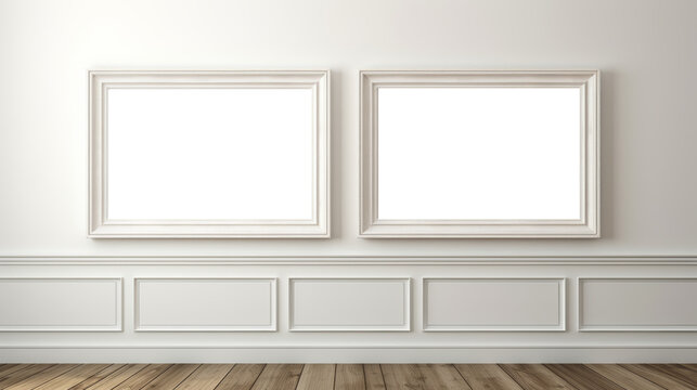 Empty picture frames on wall, two white transparent inside painting frames, PNG